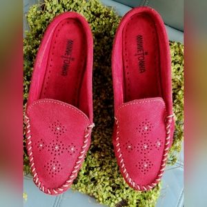 MINNETONKA Red Slip On Mocs Open Back Slides Suede Perferated Studs Moccassins 9